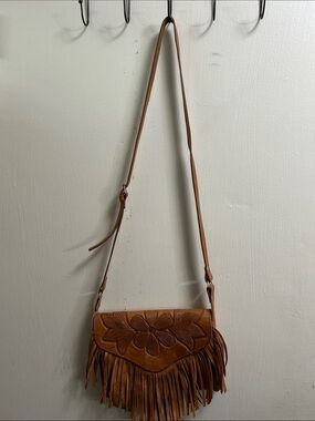 Handmade Natural Boho Leather Fringed Floral Tooled Leather Crossbody Bag - Tan